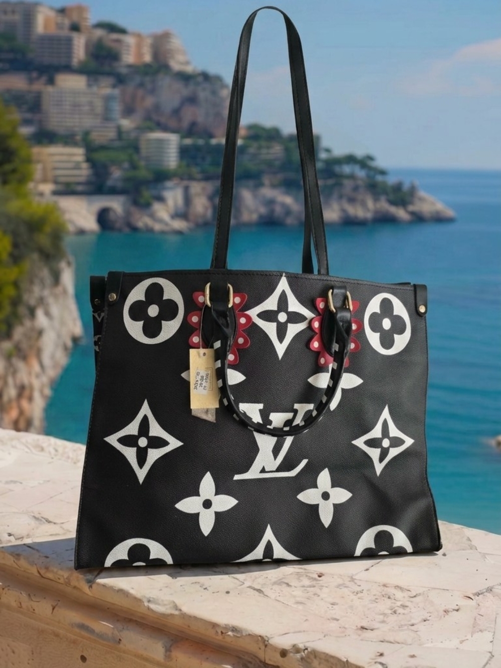 Luxury Black & White Tote Bag with Red Accents